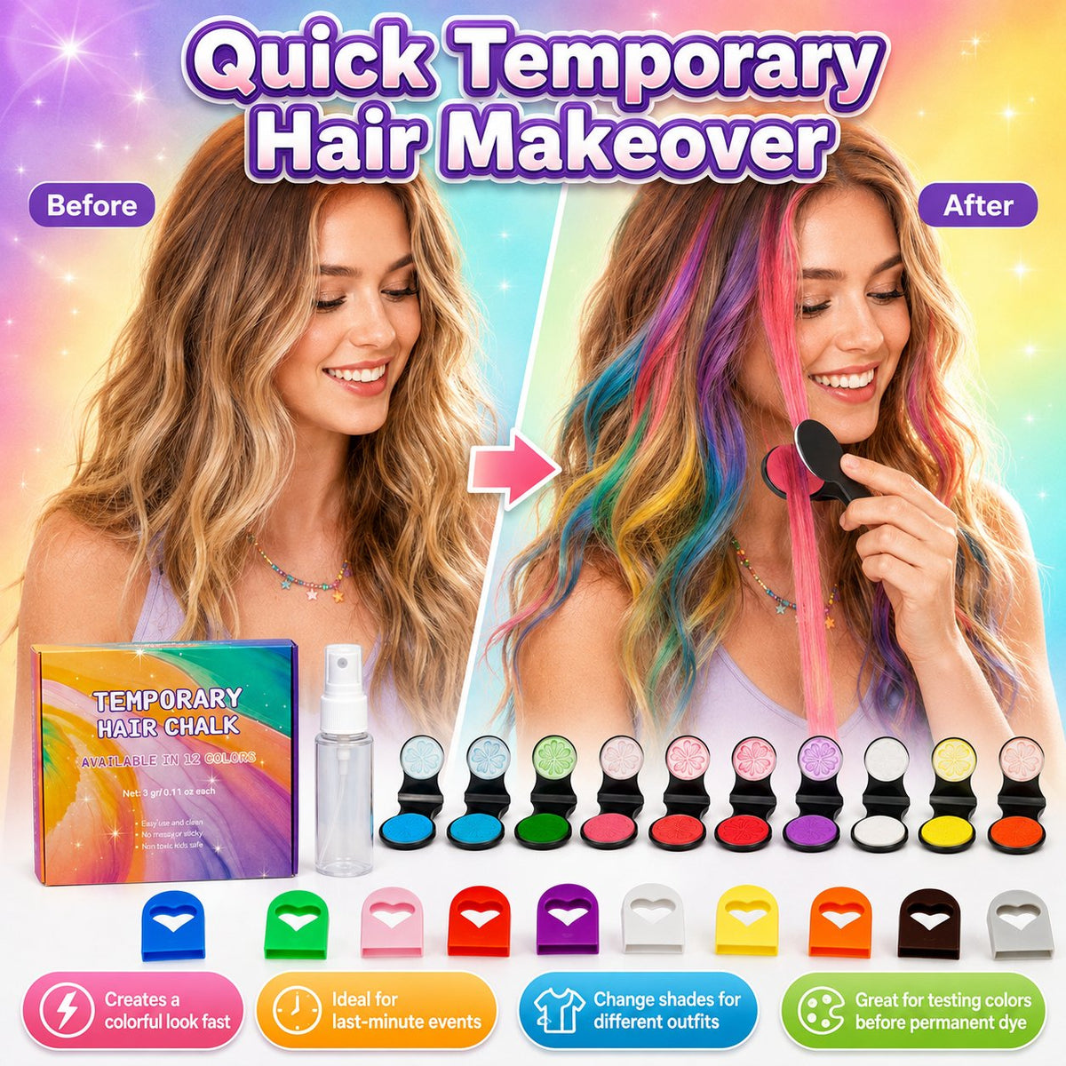 🔥Sista dagen med 50 % rabatt – 🌈Set med 12 tillfälliga hårkritor med applikator
