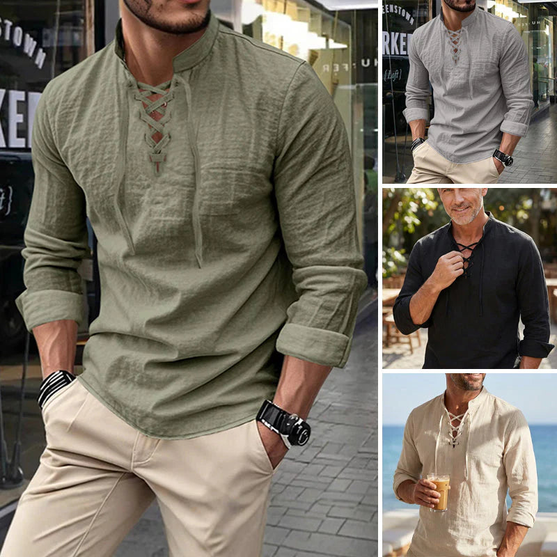 💎 50 % RABATT! 💎 Herrskjorta i enfärgat tyg – snörning i halsen, modern ståkrage och andningsbar bomullsblandning 👔