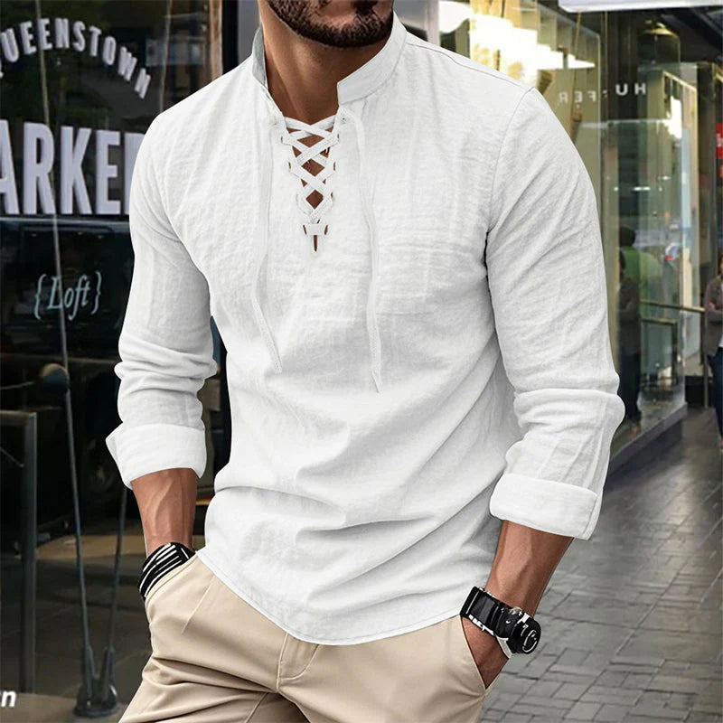 💎 50 % RABATT! 💎 Herrskjorta i enfärgat tyg – snörning i halsen, modern ståkrage och andningsbar bomullsblandning 👔