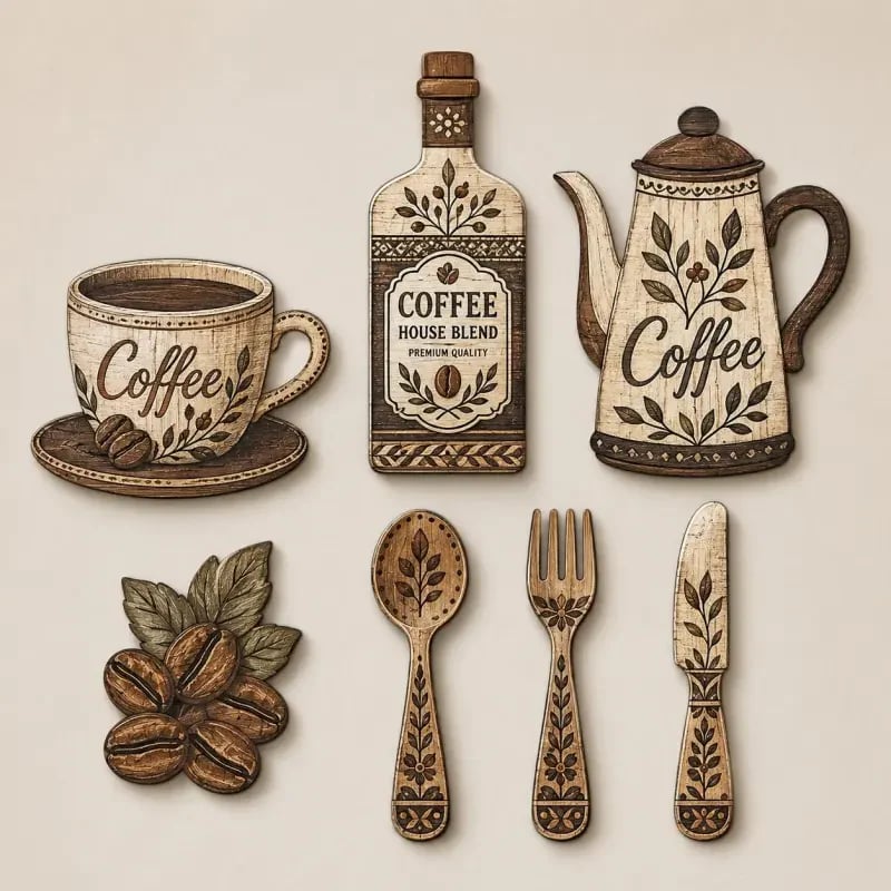 ☕7-delars väggdekorationsset i trä med kaffemotiv – väggkonst i vintage-lantlig stil med kaffetem