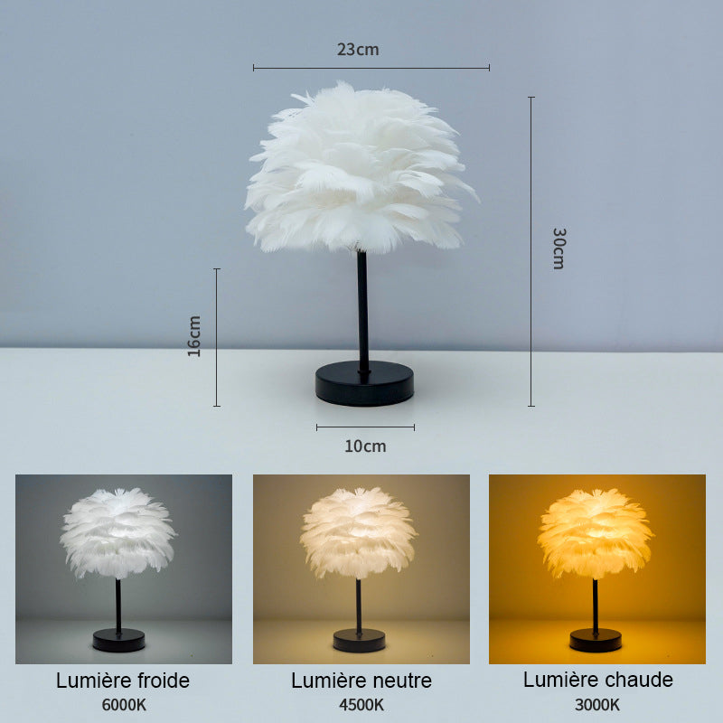 Dekorativ nordisk bordslampa i fjäderdesign för sovrumme