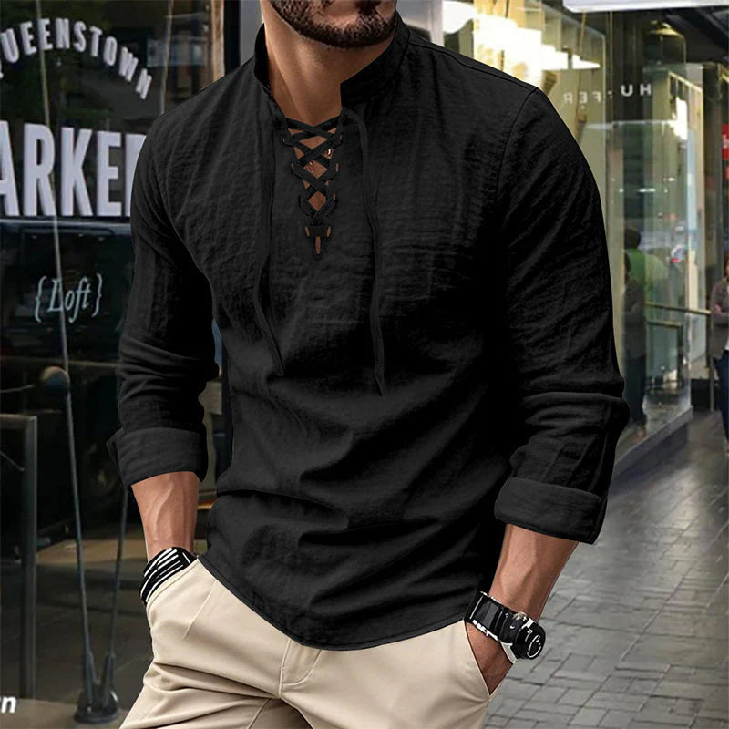 💎 50 % RABATT! 💎 Herrskjorta i enfärgat tyg – snörning i halsen, modern ståkrage och andningsbar bomullsblandning 👔