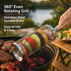 Uppgraderad grillkorg med trähandtag – bärbar grillkorg för utomhusbruk med roterande, rullande cylinde