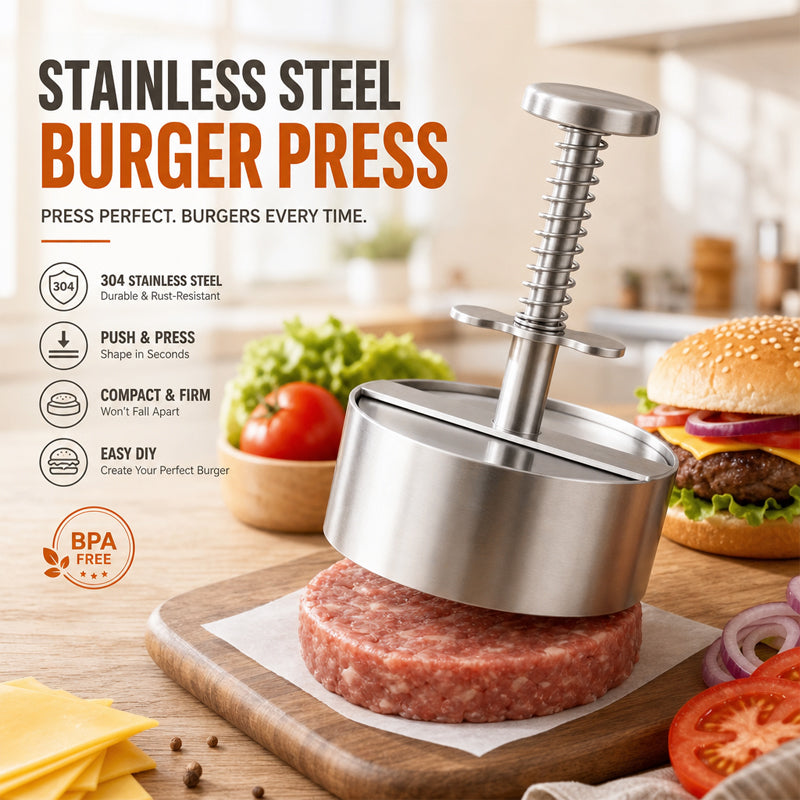 🍔 Burgerpress i rostfritt stål | Skapa perfekta, jämna biffar på ett enkelt sät