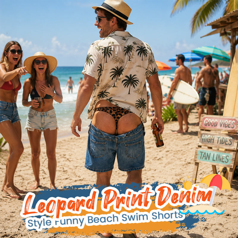 Roliga badshorts i leopardmönster som ser ut som jeans | Originella badshorts med illusionseffek