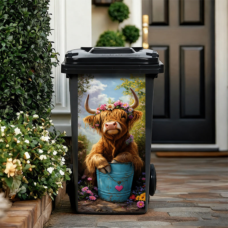 🐮 Klistermärke till soptunna med blommönster och höglandsk
