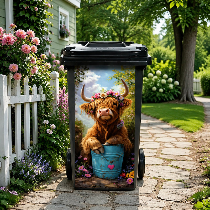 🐮 Klistermärke till soptunna med blommönster och höglandsk