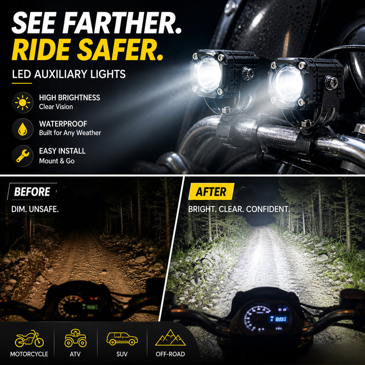 🎉 Rea 2026 – Över 40 000 sålda! 🏍️ Universella LED-strålkastare för motorcyklar – dubbelstråle och vattentäta för alla väderförhållanden 💡