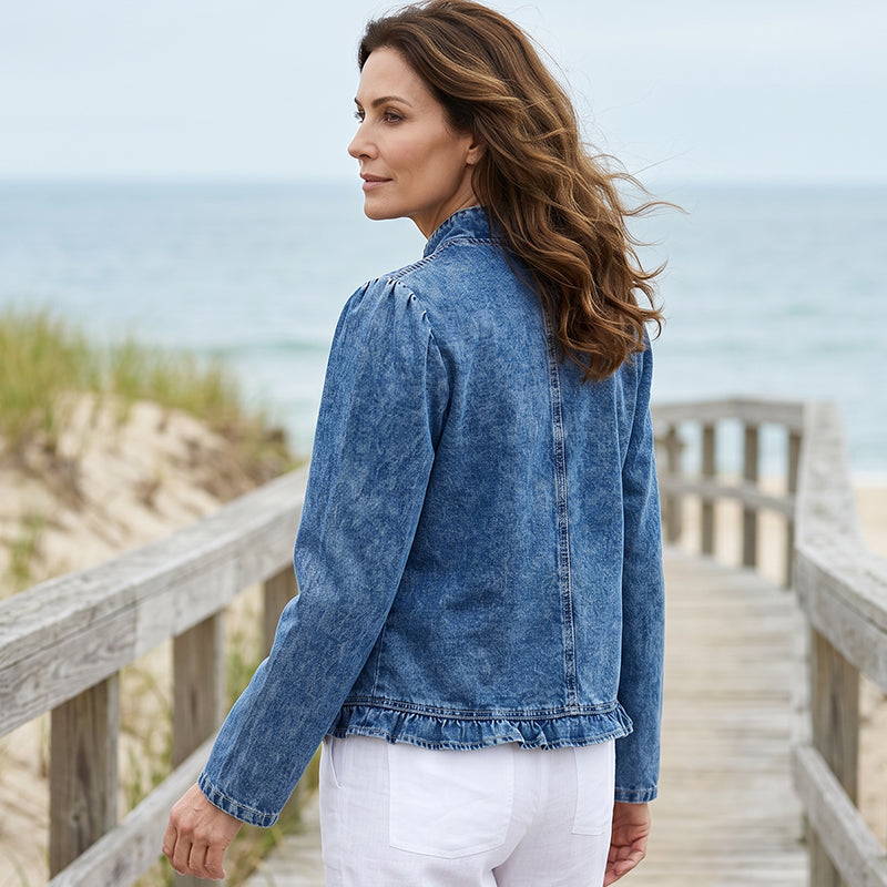 🧥 BEGRÄNSAD TID: 50 % RABATT! ✨ Dammjeansjacka – öppen framsida, volangkant, lätt, klassisk tvätt ✨