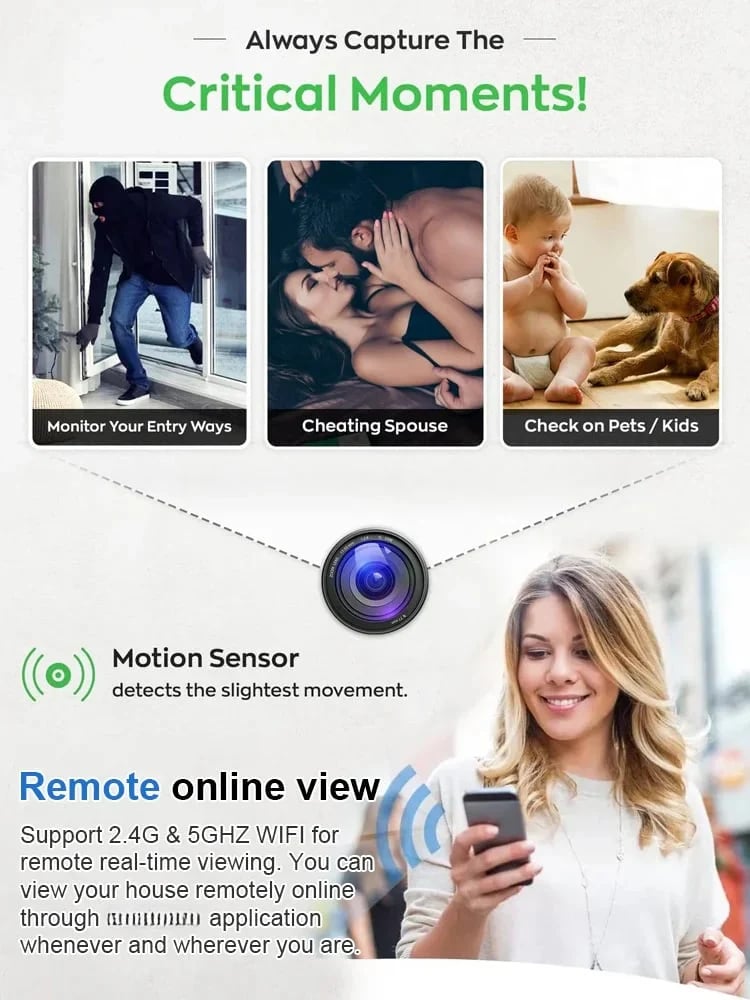 📸 Trådlös minikamera i myntstorlek med 1080p-upplösning, kan monteras var som helst, fjärrövervakning i realtid via smartphone.