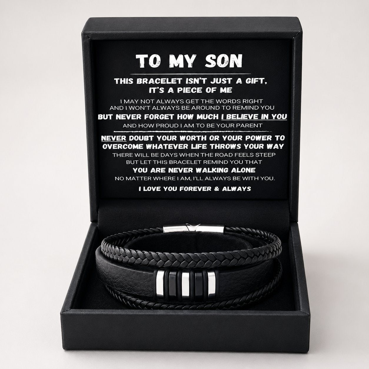 Till min son – ”Never Walk Alone”-set med flätade armband 🖤