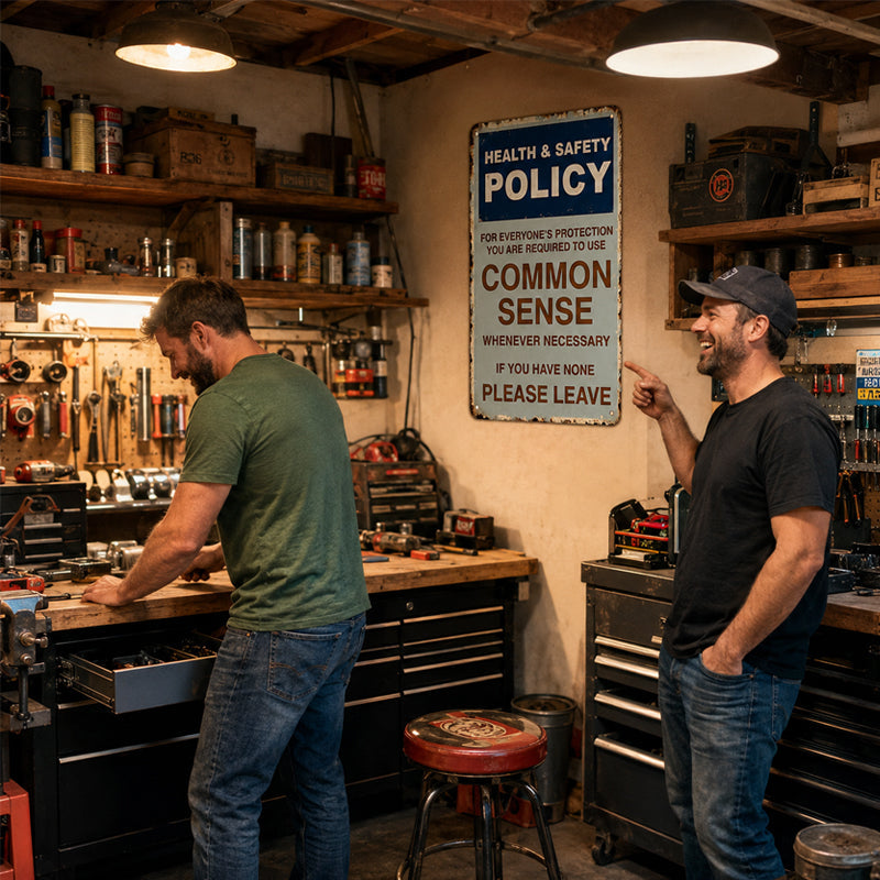 Sarkastisk vintage-skylt i metall med texten ”Common Sense Policy”