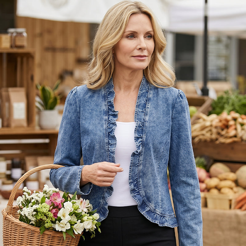 🧥 BEGRÄNSAD TID: 50 % RABATT! ✨ Dammjeansjacka – öppen framsida, volangkant, lätt, klassisk tvätt ✨