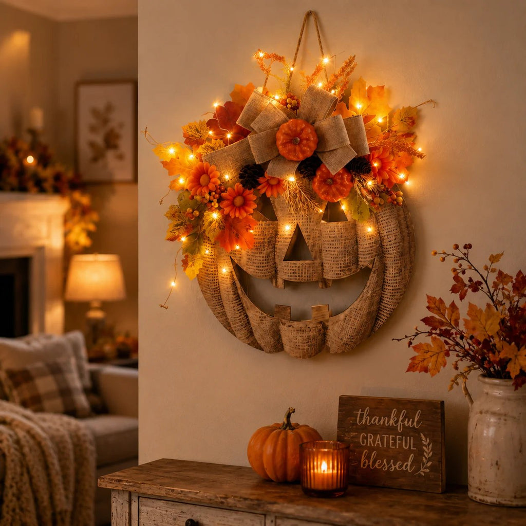 🎃✨ Upplyst pumpakrans av säckvä