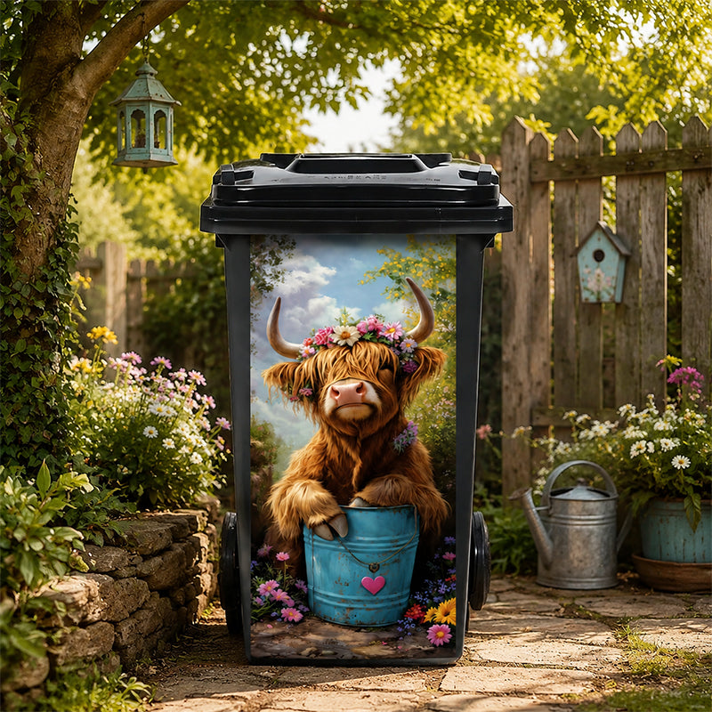 🐮 Klistermärke till soptunna med blommönster och höglandsk