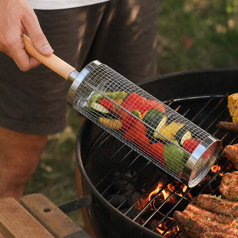 Uppgraderad grillkorg med trähandtag – bärbar grillkorg för utomhusbruk med roterande, rullande cylinde