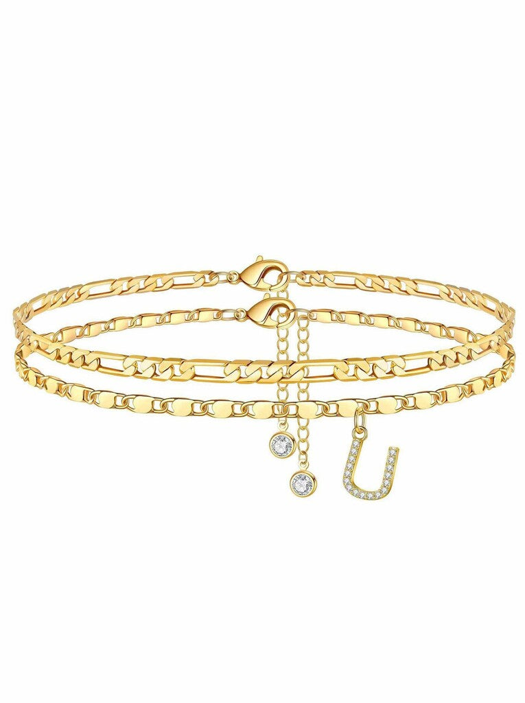 ✨ Layered Gold Ankle Bracelet for Women – Rhinestone, Adjustable, Beach Jewelry 🏖️