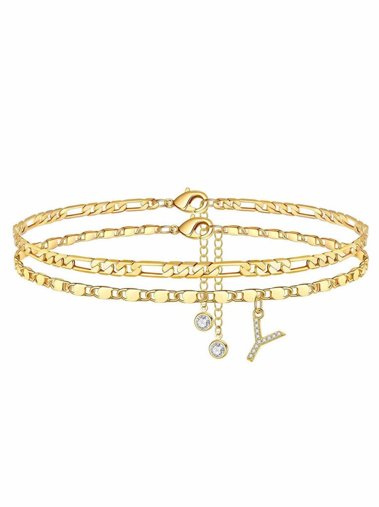 ✨ Layered Gold Ankle Bracelet for Women – Rhinestone, Adjustable, Beach Jewelry 🏖️