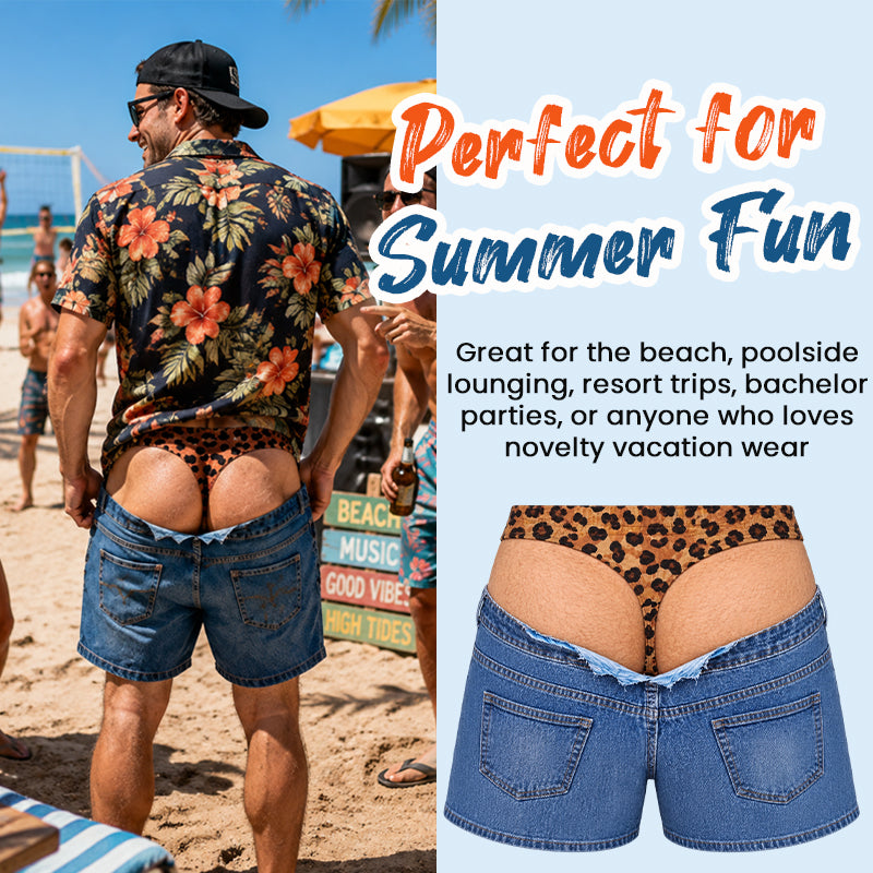 Roliga badshorts i leopardmönster som ser ut som jeans | Originella badshorts med illusionseffek