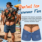Roliga badshorts i leopardmönster som ser ut som jeans | Originella badshorts med illusionseffek