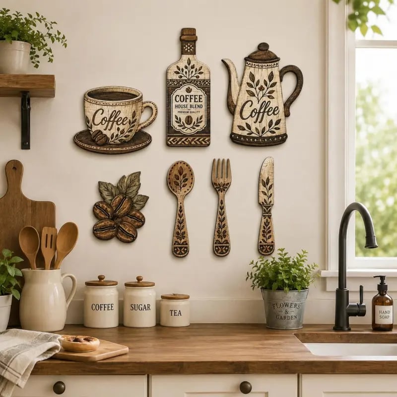 ☕7-delars väggdekorationsset i trä med kaffemotiv – väggkonst i vintage-lantlig stil med kaffetem