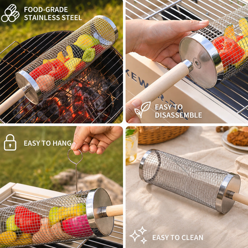 Uppgraderad grillkorg med trähandtag – bärbar grillkorg för utomhusbruk med roterande, rullande cylinde
