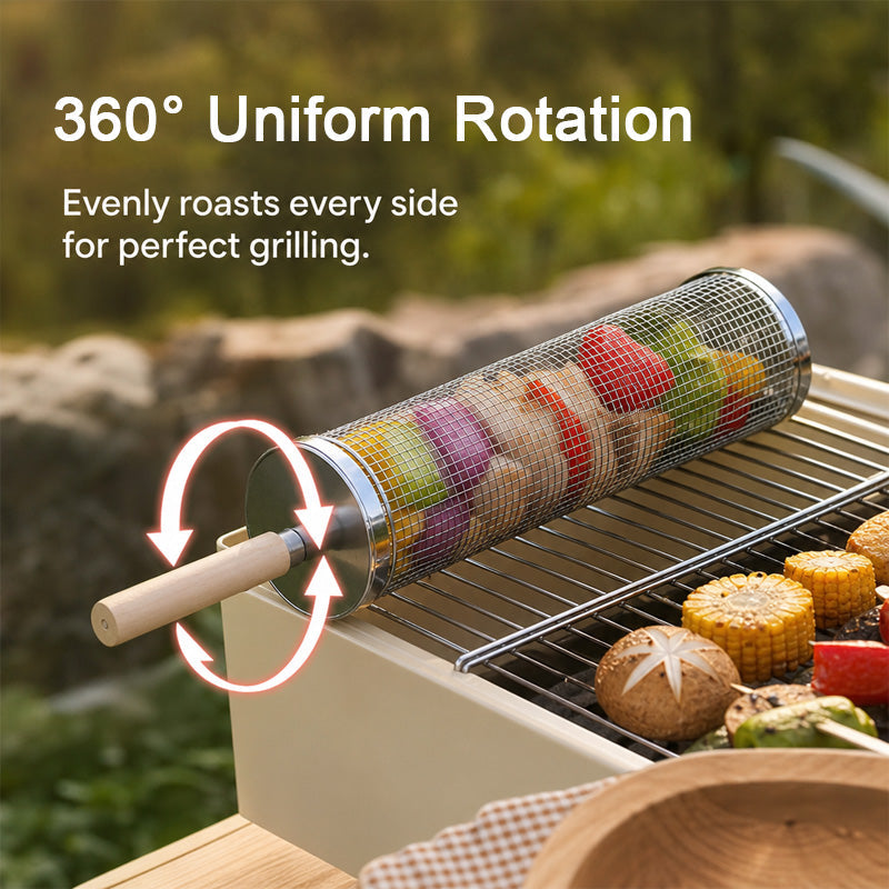 Uppgraderad grillkorg med trähandtag – bärbar grillkorg för utomhusbruk med roterande, rullande cylinde
