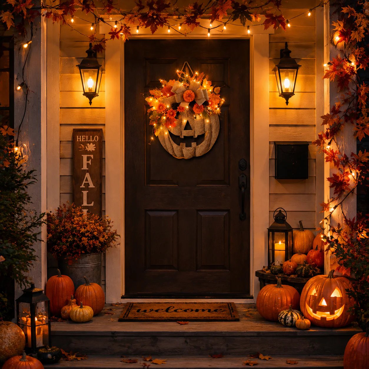 🎃✨ Upplyst pumpakrans av säckvä