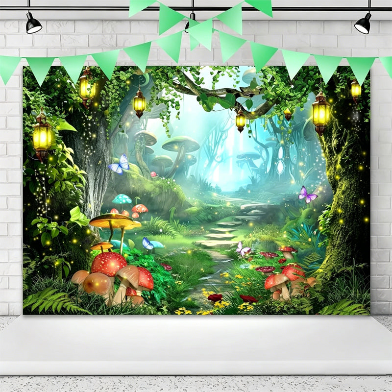 Banner med motiv av en magisk skog, blommor och fjärilar — Dekoration för födelsedagsfest utomhus