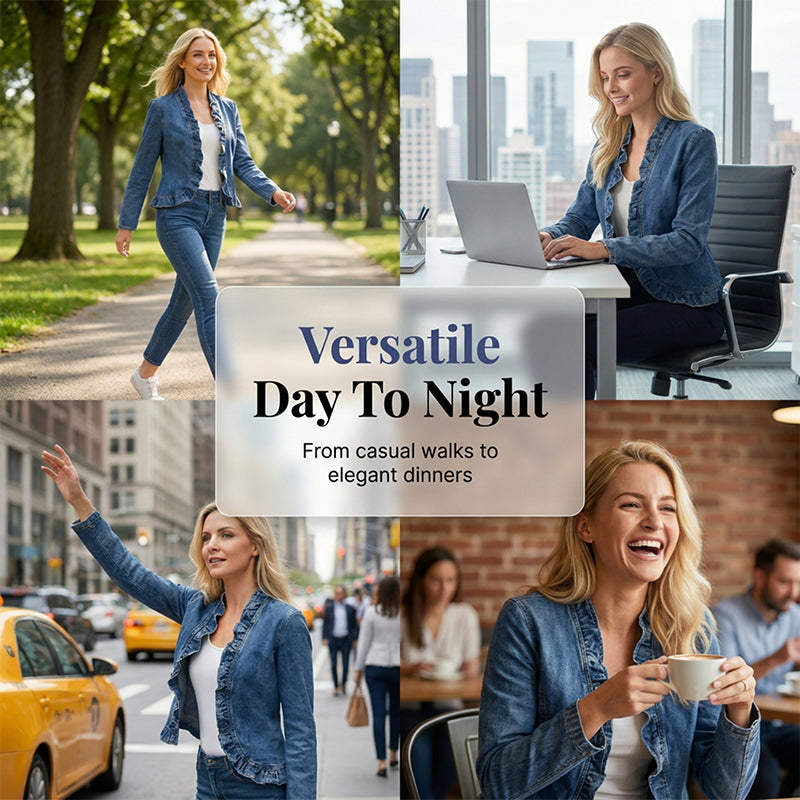 🧥 BEGRÄNSAD TID: 50 % RABATT! ✨ Dammjeansjacka – öppen framsida, volangkant, lätt, klassisk tvätt ✨