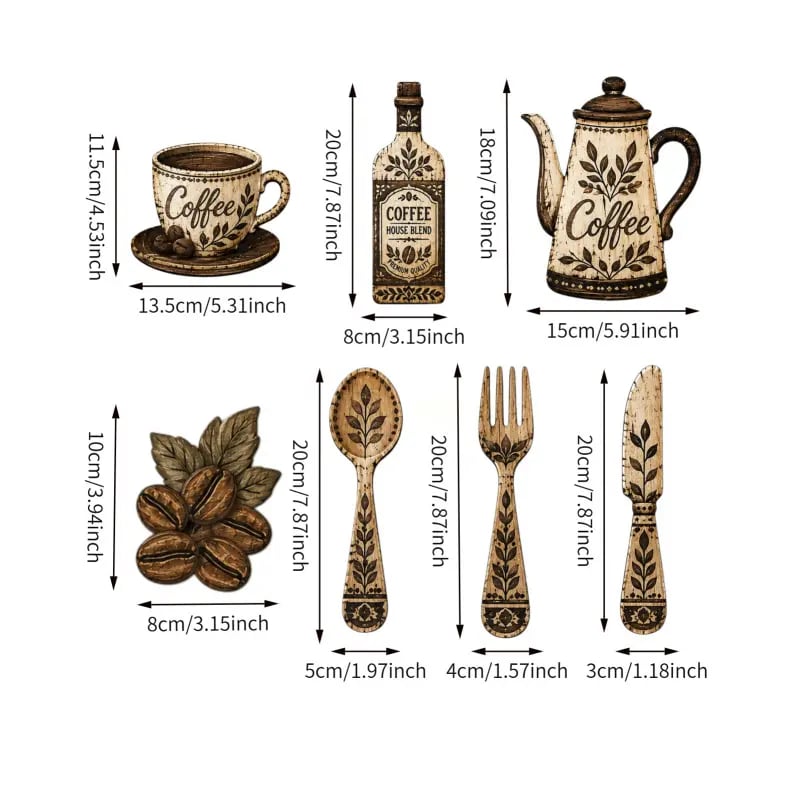 ☕7-delars väggdekorationsset i trä med kaffemotiv – väggkonst i vintage-lantlig stil med kaffetem