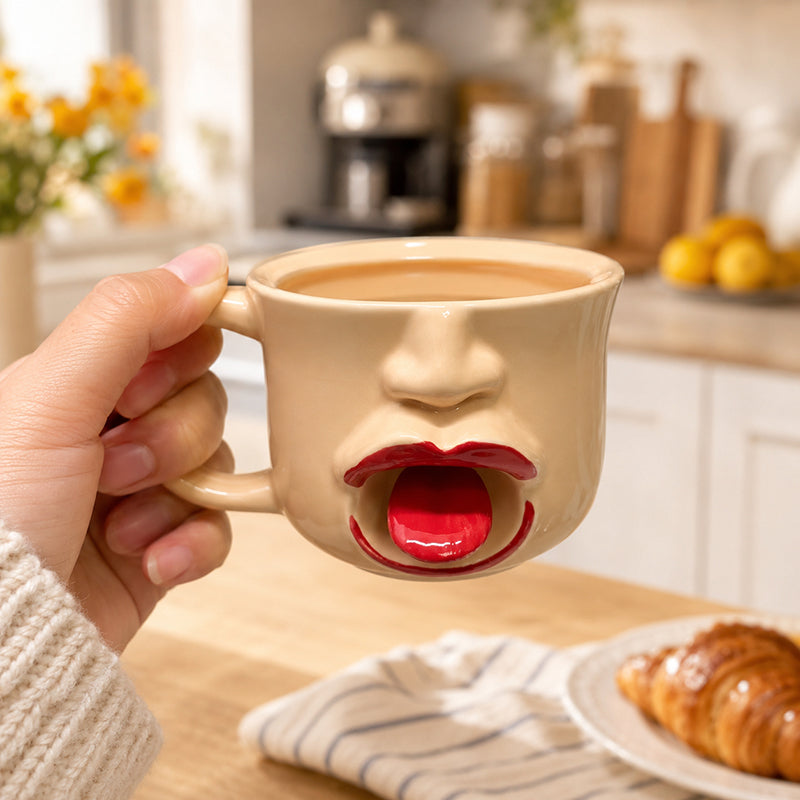 Ett originellt, abstrakt keramikmugg med tunga-moti