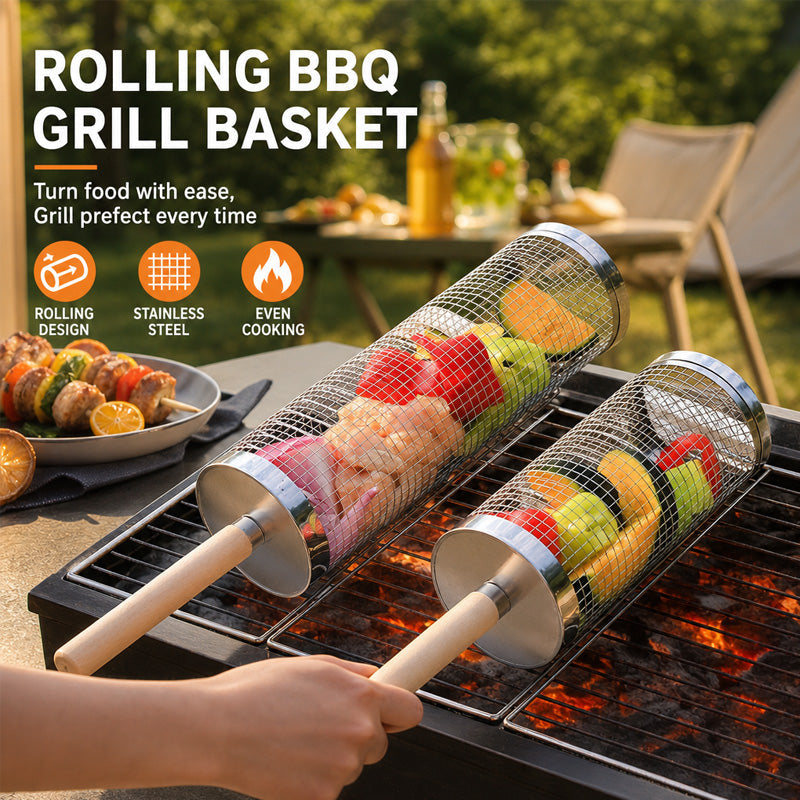Uppgraderad grillkorg med trähandtag – bärbar grillkorg för utomhusbruk med roterande, rullande cylinde