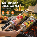 Uppgraderad grillkorg med trähandtag – bärbar grillkorg för utomhusbruk med roterande, rullande cylinde