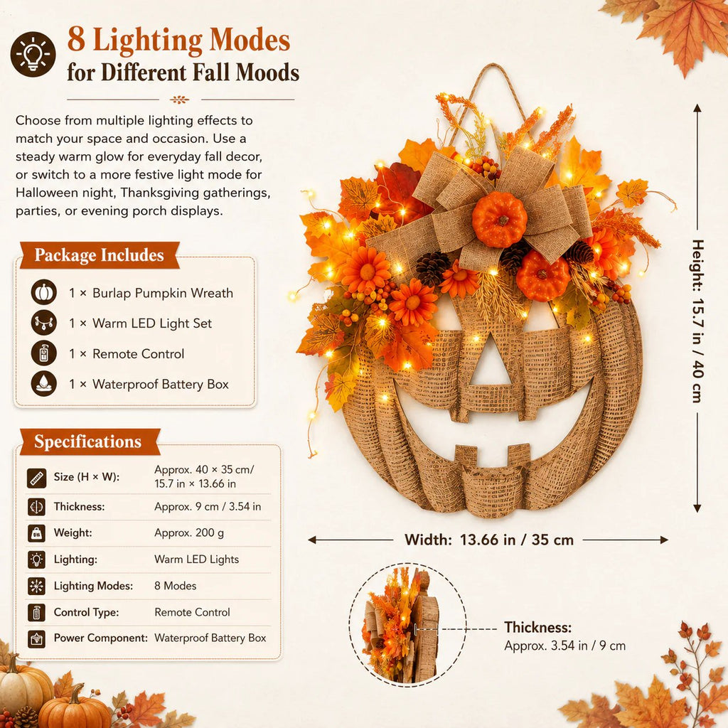 🎃✨ Upplyst pumpakrans av säckvä
