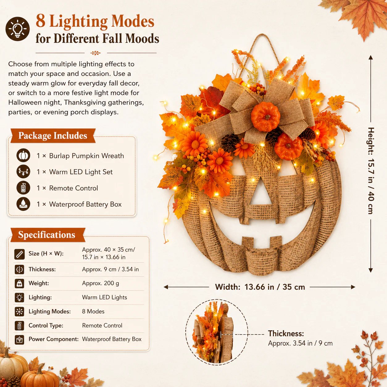 🎃✨ Upplyst pumpakrans av säckvä