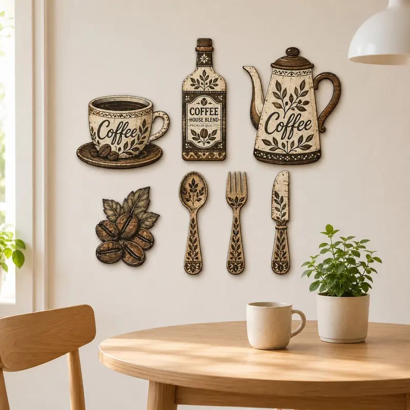 ☕7-delars väggdekorationsset i trä med kaffemotiv – väggkonst i vintage-lantlig stil med kaffetem