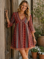 Vintage boho-tunika med V-ringni