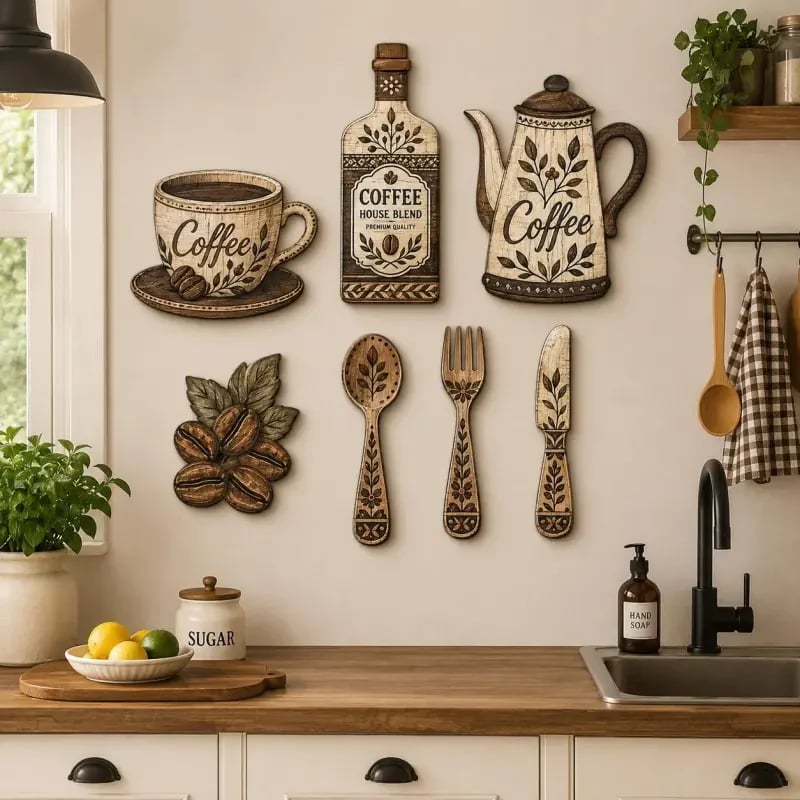 ☕7-delars väggdekorationsset i trä med kaffemotiv – väggkonst i vintage-lantlig stil med kaffetem