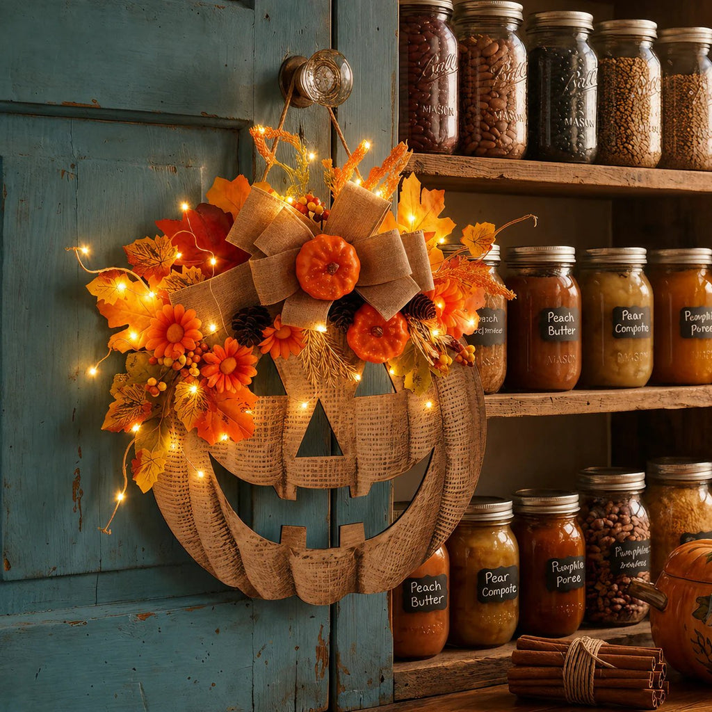 🎃✨ Upplyst pumpakrans av säckvä