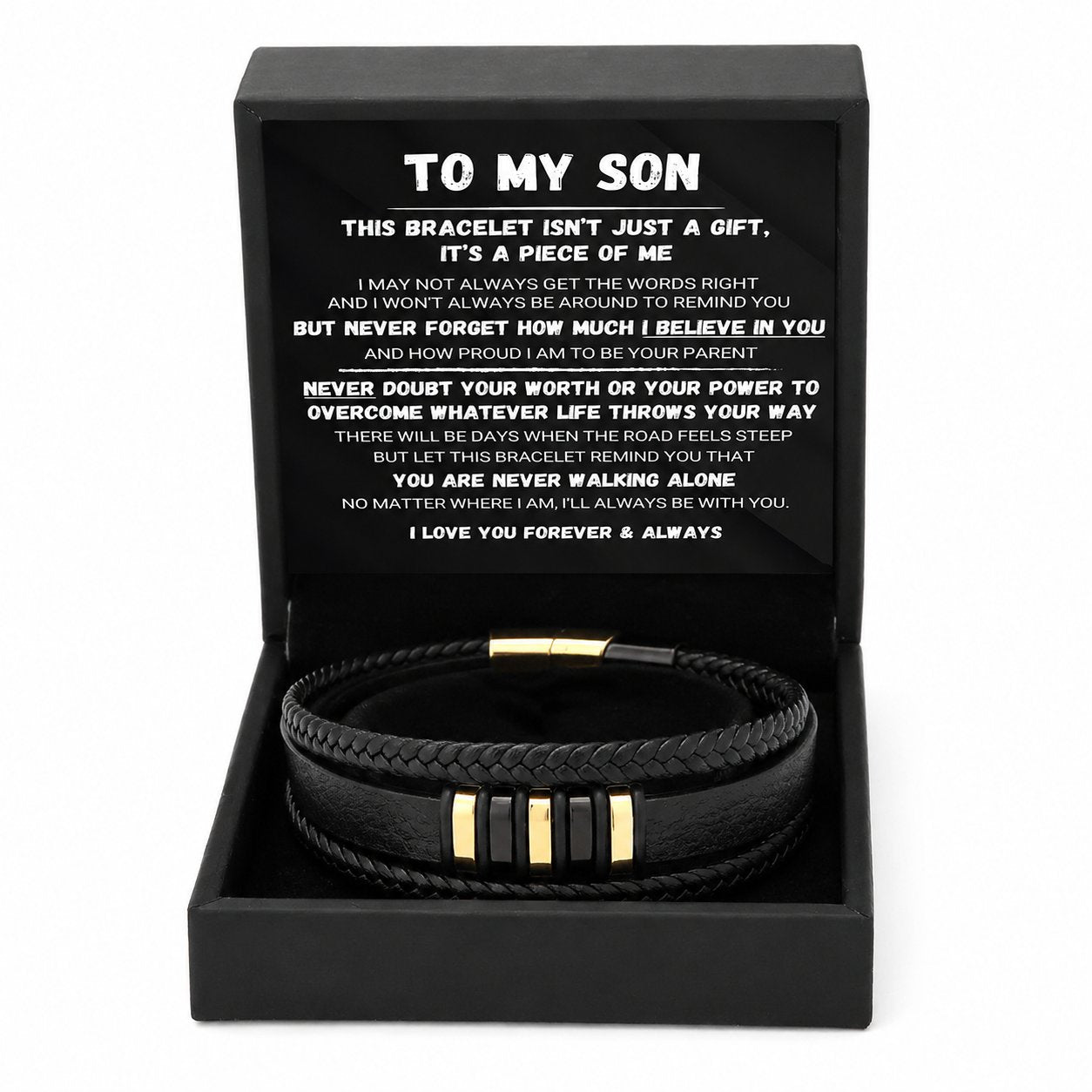Till min son – ”Never Walk Alone”-set med flätade armband 🖤