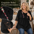 Tunika i bomull och linne i stora storlekar, i boho-stil med blommigt broderat spetsmönste