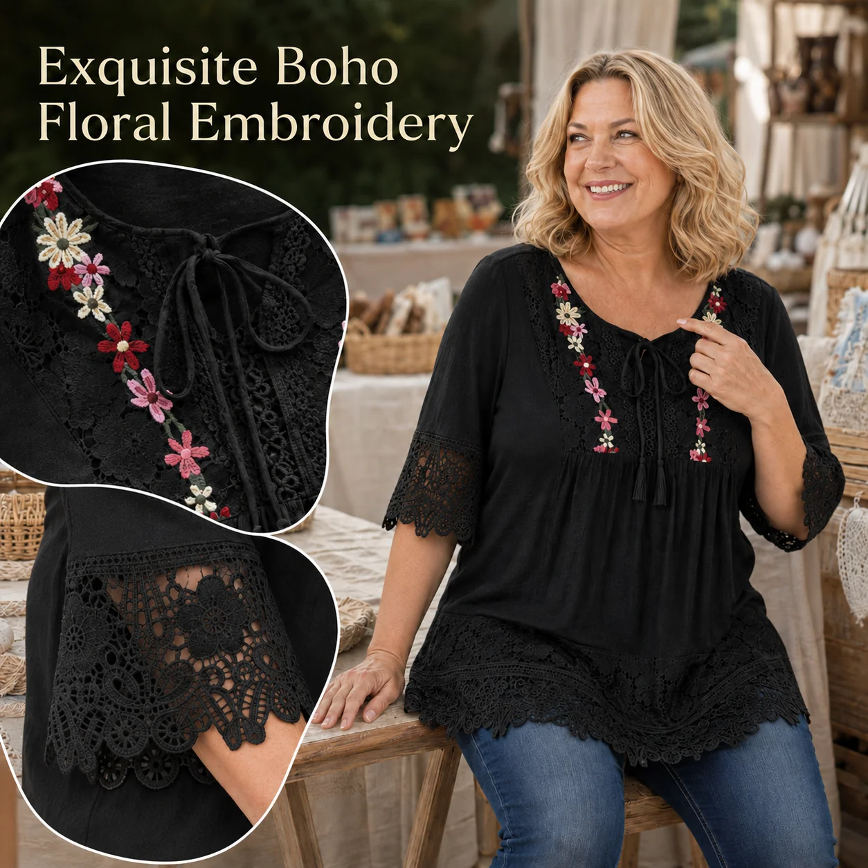 Tunika i bomull och linne i stora storlekar, i boho-stil med blommigt broderat spetsmönste