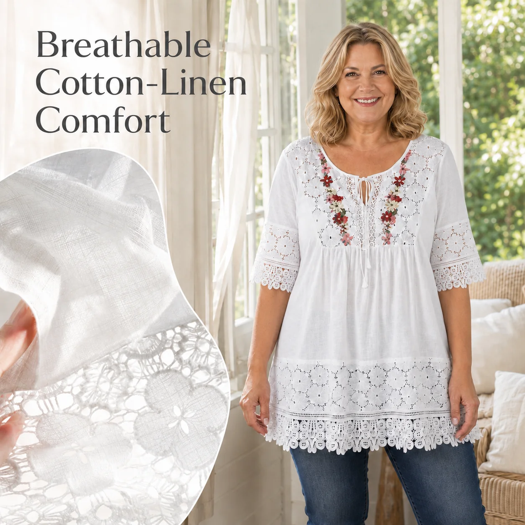 Tunika i bomull och linne i stora storlekar, i boho-stil med blommigt broderat spetsmönste
