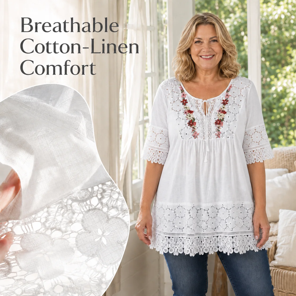 Tunika i bomull och linne i stora storlekar, i boho-stil med blommigt broderat spetsmönste