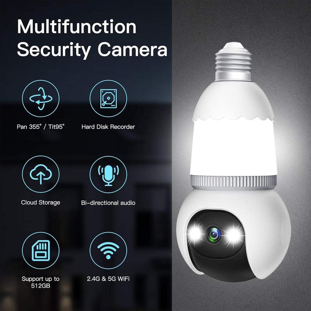 🔥Helt ny uppgradering✨4MP säkerhetskamera med glödlampa, 5G och 2,4 GHz trådlös utomhus- och inomhuskamera med mörkerseende