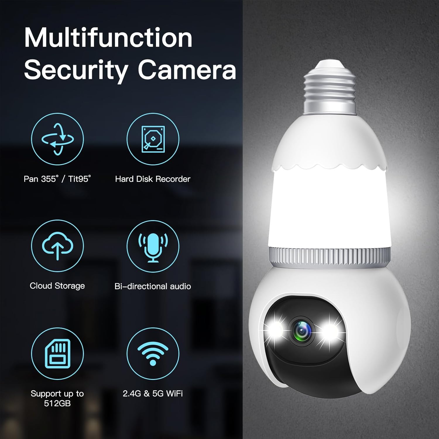 🔥Helt ny uppgradering✨4MP säkerhetskamera med glödlampa, 5G och 2,4 GHz trådlös utomhus- och inomhuskamera med mörkerseende