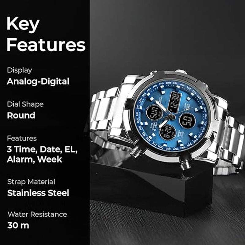 Vattentätt armbandsur för män – rostfritt stål, analog-digital, stötsäkert och robust design
