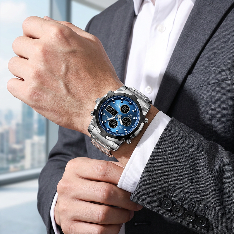 Vattentätt armbandsur för män – rostfritt stål, analog-digital, stötsäkert och robust design
