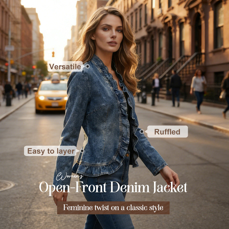 🧥 BEGRÄNSAD TID: 50 % RABATT! ✨ Dammjeansjacka – öppen framsida, volangkant, lätt, klassisk tvätt ✨